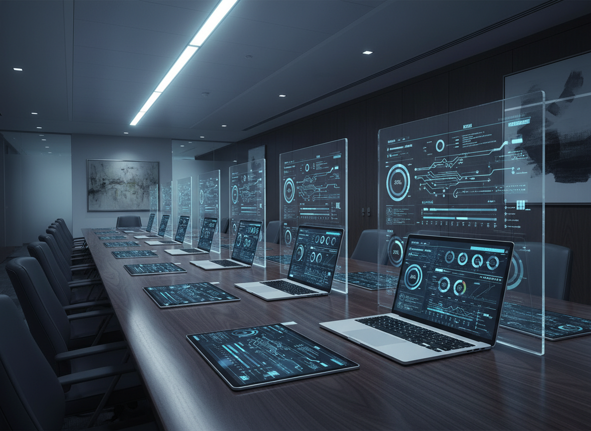 A long, panoramic photographic scene of a high-end boardroom table transformed into an AI operations command surface. The dark walnut table hosts an array of synchronized devices: ultrathin laptops, tablets, and large transparent panels, all displaying interconnected workflow graphs, automation timelines, and performance gauges in a unified blue-and-silver visual language. Ambient ceiling lighting is cool and even, complemented by a gentle glow from the digital displays, casting subtle reflections along the polished wood grain. Shot from a slightly elevated wide-angle perspective, the composition leads the eye down the table, where lines and arrows visually connect each screen like a continuous process. The mood is strategic, organized, and decisively professional, emphasizing enterprise-scale AI workflow orchestration.
