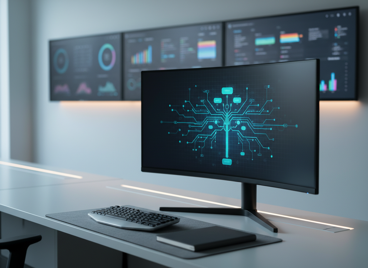 A sleek, ultra-modern workspace centered around a large, matte-black curved monitor displaying a clean, branching AI workflow diagram in vibrant blues and teals on a dark interface. The monitor sits on a minimalist white desk with a brushed aluminum keyboard and a single closed notebook, all meticulously arranged. In the background, multiple wall-mounted screens show blurred analytics dashboards and automation timelines. Cool, diffused daylight from an unseen window mixes with subtle LED accent lighting, creating soft reflections on the desk surface. Photographic realism at eye level with a shallow depth of field keeps the primary workflow screen razor sharp while the backdrop gently blurs, evoking a professional, high-tech, hyper-efficient atmosphere suitable for a business AI automation platform.