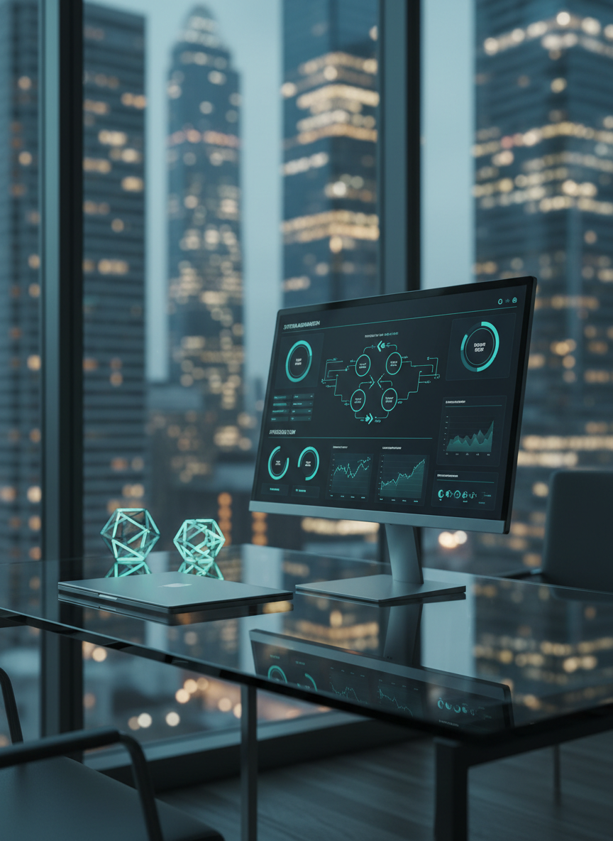 A minimalist, dark glass desk supporting a slim, high-resolution monitor that displays a clean automation dashboard: flowing process diagrams, status indicators, and performance graphs in teal and cobalt tones on a charcoal background. Beside the monitor, a brushed aluminum laptop and a small, geometric LED device emit a subtle cyan glow, hinting at AI activity. Soft, cool ambient light from a large, unseen window creates gentle reflections on the desk surface, while a defocused city skyline of glass towers glows in the background. Photographic realism with a slightly elevated angle and shallow depth of field centers attention on the screen’s clarity. The mood is focused, efficient, and forward-thinking, ideal for a professional AI automation workspace.