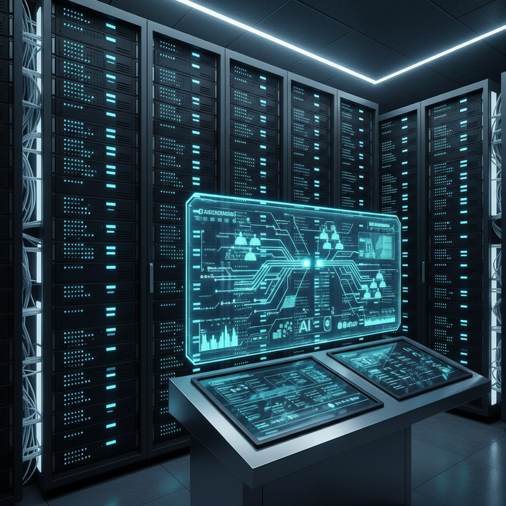 An ultra-modern server rack wall with matte-black housings and meticulously organized glowing indicator lights, cables disappearing neatly into concealed channels. In front of the racks, a transparent holographic interface hovers above a brushed-steel console, displaying interconnected automation workflows, AI decision trees, and performance metrics in vibrant cyan and electric blue. Controlled, cool studio lighting emphasizes edges and reflections, creating a high-tech, cinematic look while keeping everything sharply in focus. The composition uses a slightly low-angle perspective to make the infrastructure feel powerful and scalable. The atmosphere is confident, stable, and enterprise-grade, visually representing robust AI integration and dependable automation foundations.