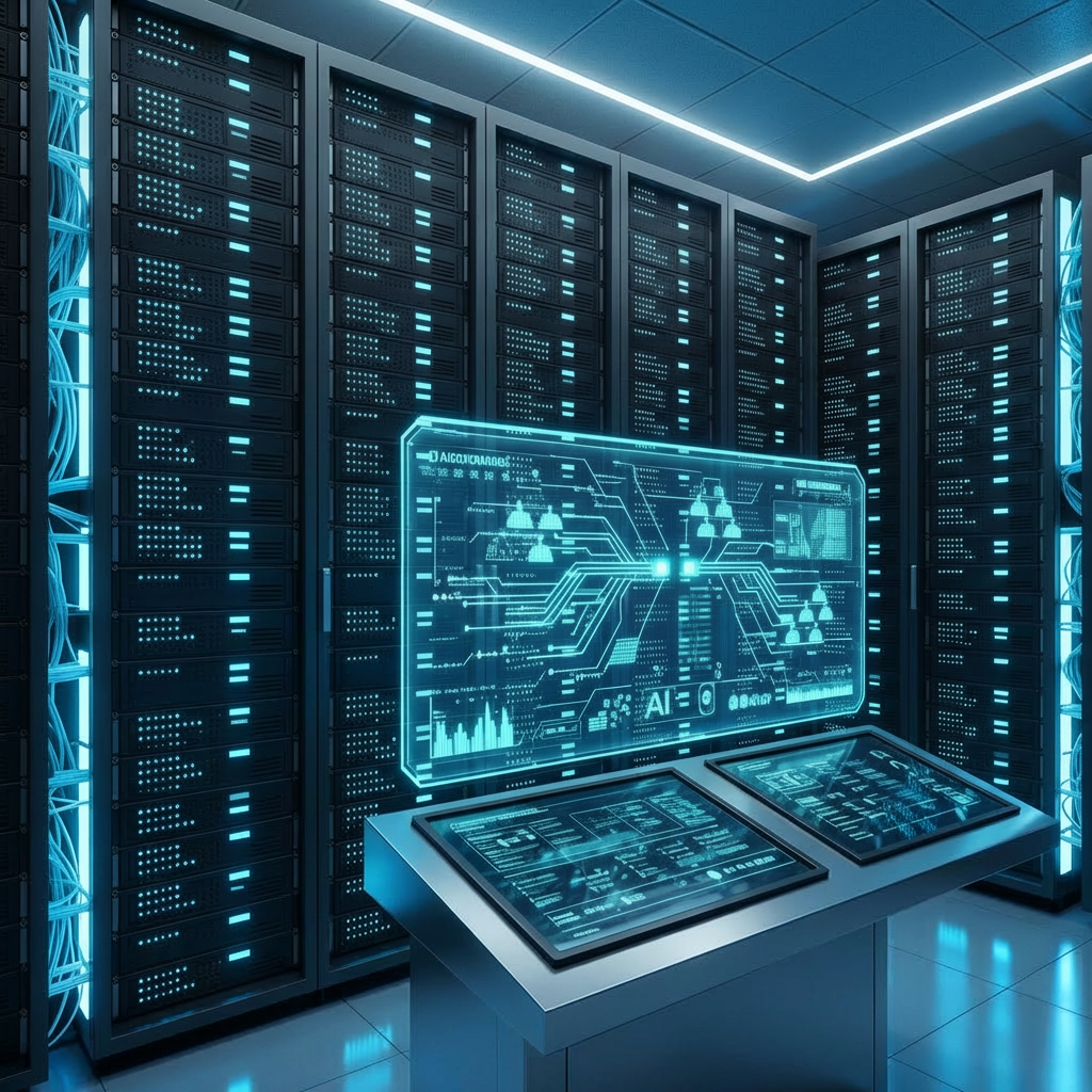 High-tech server room with glowing holographic data visualizations and control console.